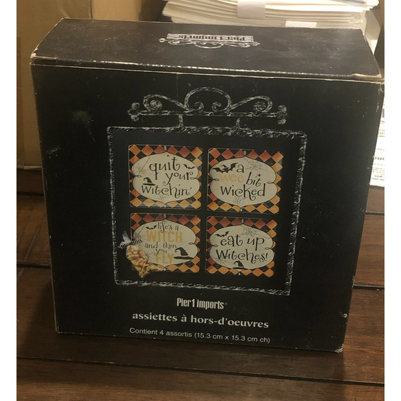 Vintage Pier One Halloween Appetizer Dessert Plates Set‎ Of 4 New in Box Witches - Picture 11 of 16